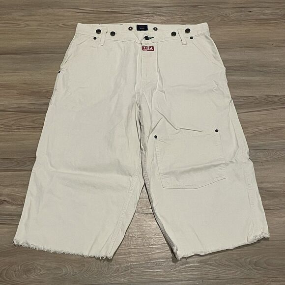 VTG  Tommy Jeans Work Workwear White Beige Fringe Distressed Sz 34 Knee Pocket - Picture 1 of 5